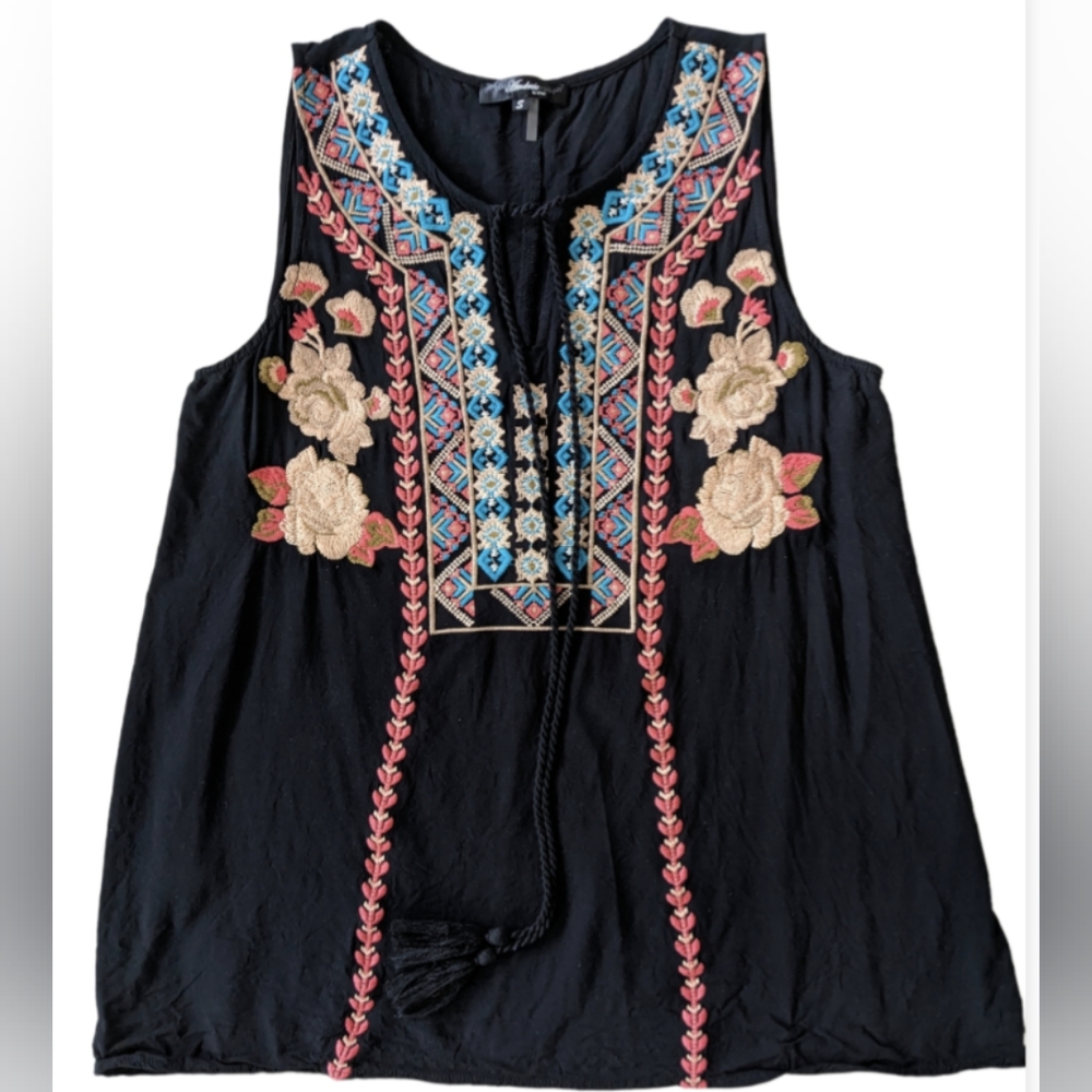 Andree by Unit embroidered top roses sleeveless black turquoise pink S